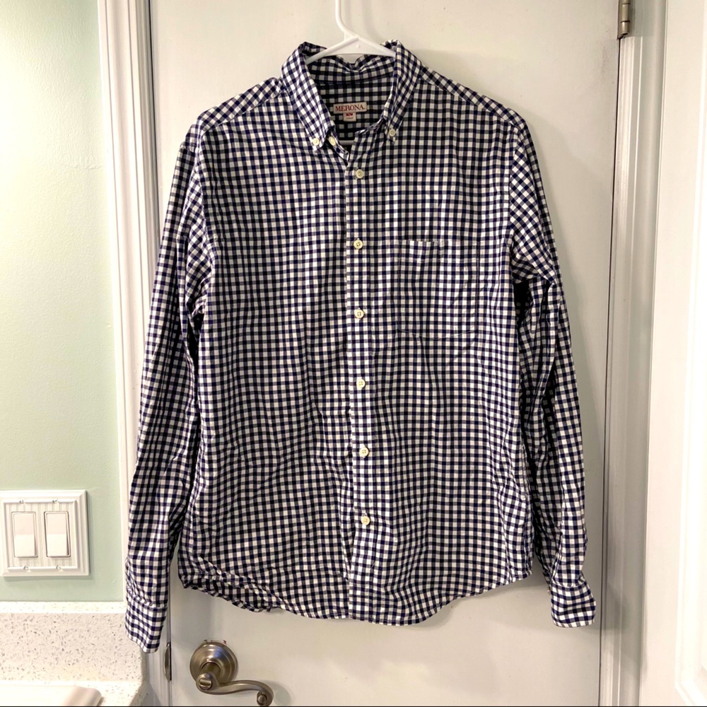 Merona checkered navy and white button up